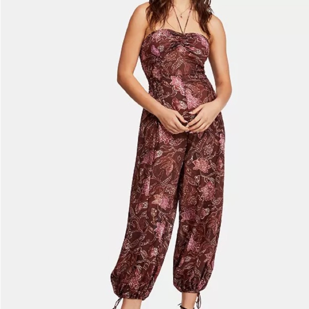 Free People Strapless Floral Jumpsuit - Brown and Pink